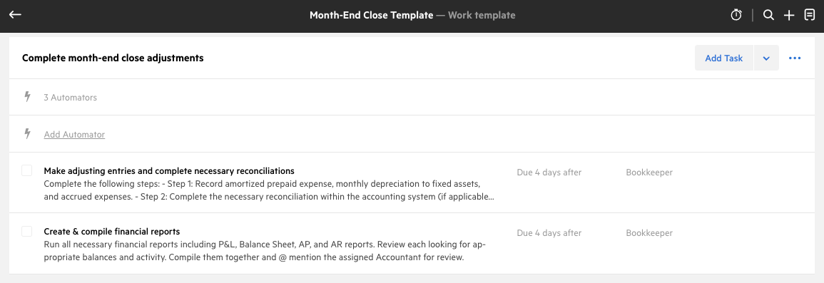 A screenshot of the Month-End Close template from the Karbon Template Library. Its a section with two steps to complete the month-end close adjustments.