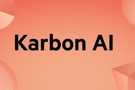 The hero image that is introducing Karbon AI. It's a vibrant coral background with textured geometric shapes in each corner, and the words 'Karbon AI' in black in the center. 
