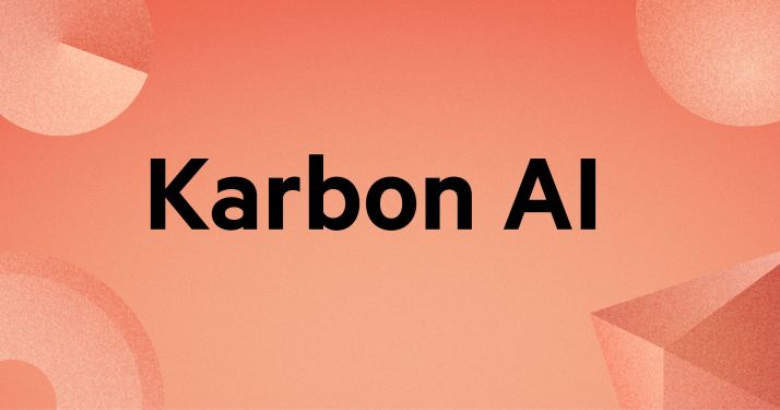 The hero image that is introducing Karbon AI. It's a vibrant coral background with textured geometric shapes in each corner, and the words 'Karbon AI' in black in the center. 