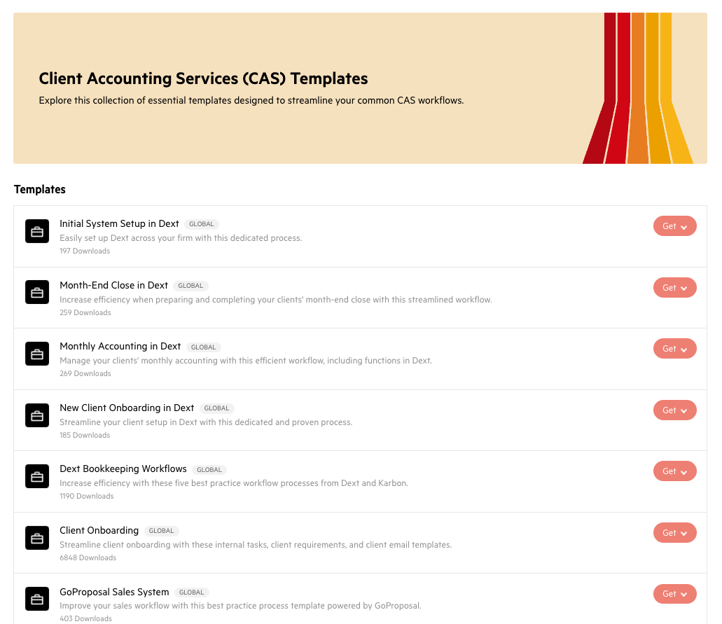 A screenshot of a list of Client Accounting Services (CAS) workflow templates from the Karbon Template Library.