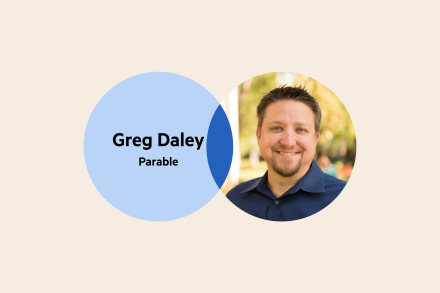 A Venn diagram. The left circle is pale blue with the words 'Greg Daley, Parable' and the right circle is Greg's headshot. The overlap of the circles is a dark blue.