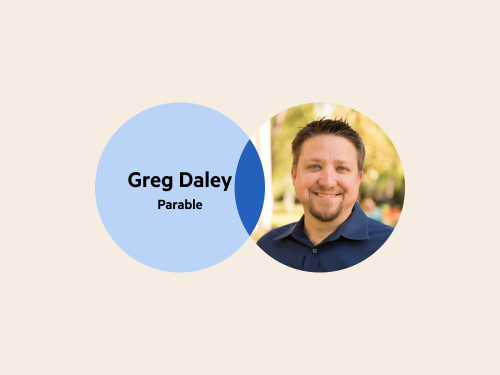 A Venn diagram. The left circle is pale blue with the words 'Greg Daley, Parable' and the right circle is Greg's headshot. The overlap of the circles is a dark blue.