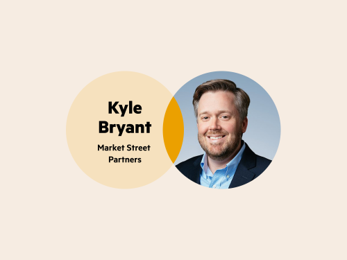 A Venn diagram. The left circle is pale yellow with the words 'Kyle Bryant Market Street Partners'. The right circle is Kyle's headshot. He has short graying hair and is wearing a light blue collared shirt under a dark blazer.