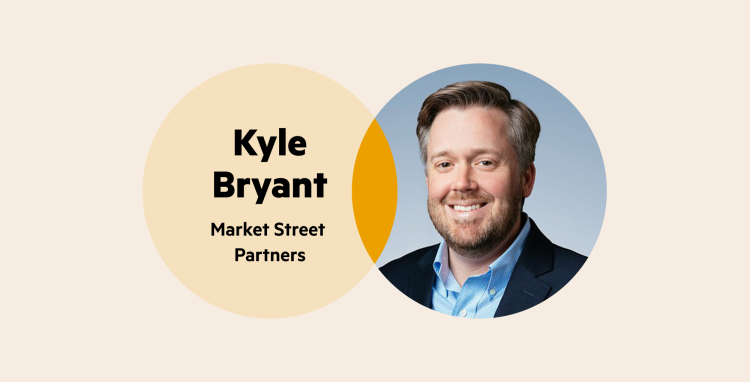A Venn diagram. The left circle is pale yellow with the words 'Kyle Bryant Market Street Partners'. The right circle is Kyle's headshot. He has short graying hair and is wearing a light blue collared shirt under a dark blazer.