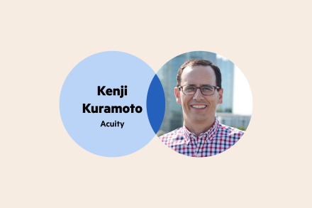 A Venn diagram: the left circle is blue with the words 'Kenji Kuramoto Acuity' and the right circle is Kenji's headshot (he is wearing glasses and a blue, red and white checkered shirt).