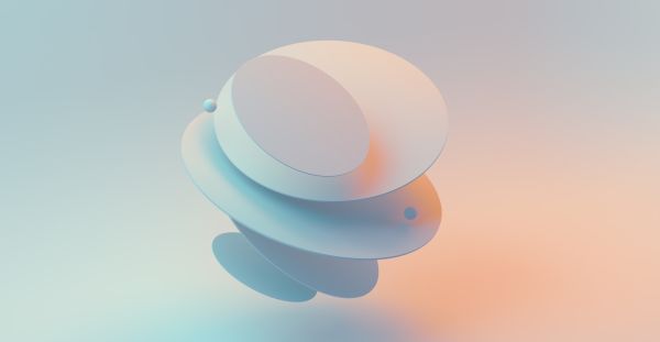 An AI render of 3D discs floating above a pale blue and orange background.