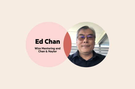 A Venn diagram. The left circle is red with the words 'Ed Chan, Wize Mentoring and Chan & Naylor'. The right circle is Ed's headshot. He is wearing glasses and a black collared shirt.