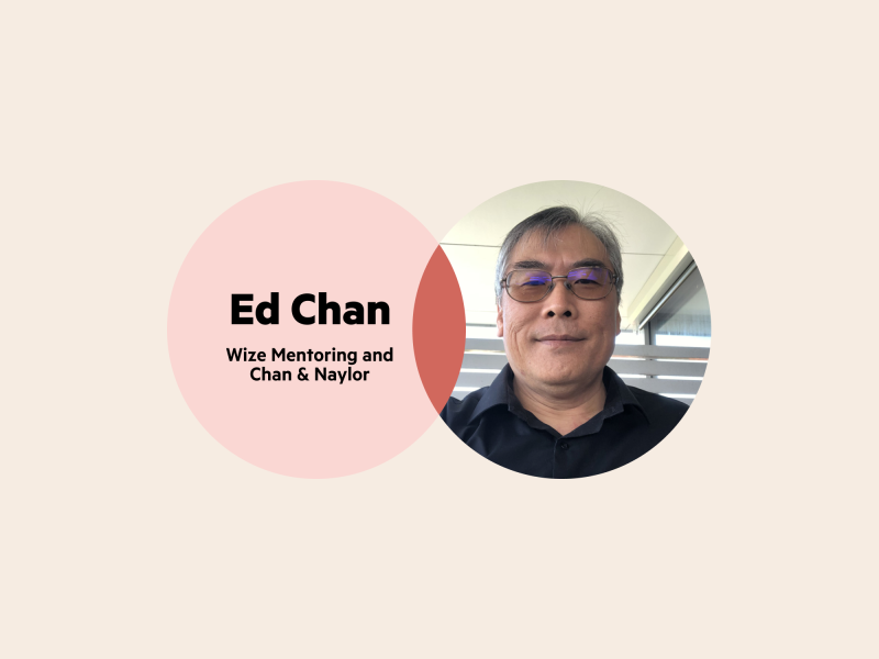 A Venn diagram. The left circle is red with the words 'Ed Chan, Wize Mentoring and Chan & Naylor'. The right circle is Ed's headshot. He is wearing glasses and a black collared shirt.