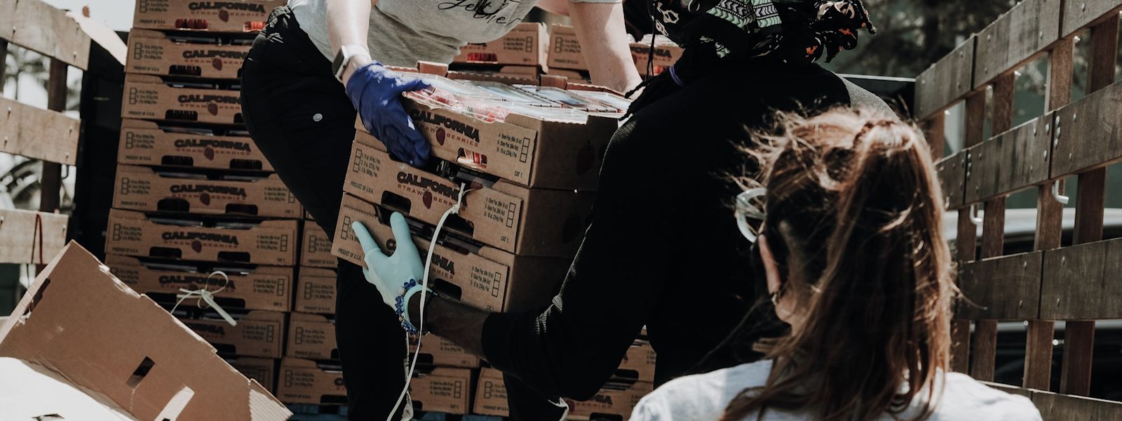 A volunteer is standing on the back of a truck, passing boxes of strawberries to other people.