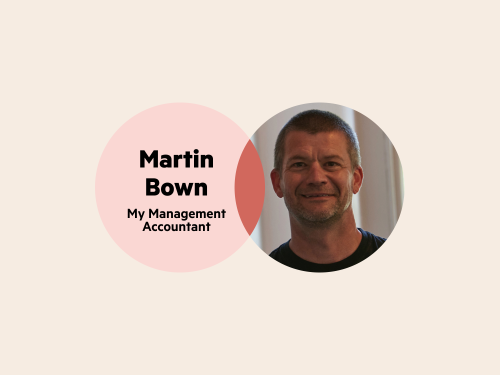 A Venn diagram. The left circle is pale pink with the words 'Martin Bown My Management Accountant', and the right circle is Martin's headshot.