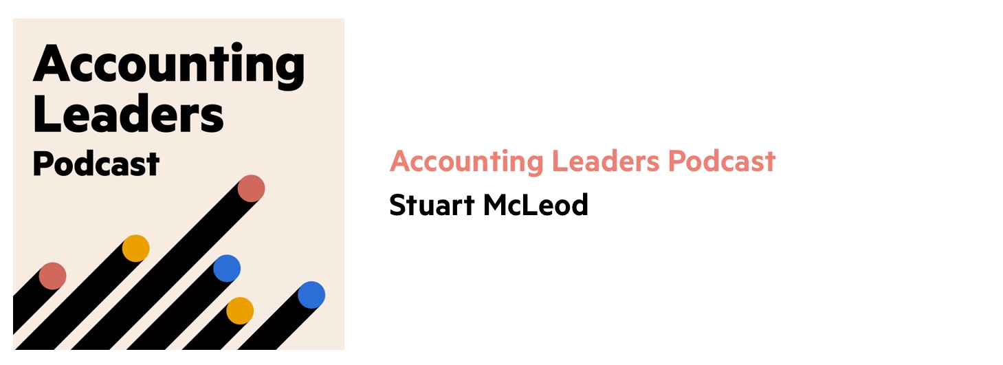 Accounting podcast logo with the words 'Accounting Leaders Podcast' and 6 diagonal black lines from the bottom left with colored circles on the ends.