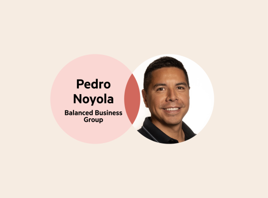 A Venn diagram: The left circle is pale pink with the words 'Pedro Noyola, Balanced Business Group', the left circle is Pedro's headshot, and the circle overlap is a deep muted pink.