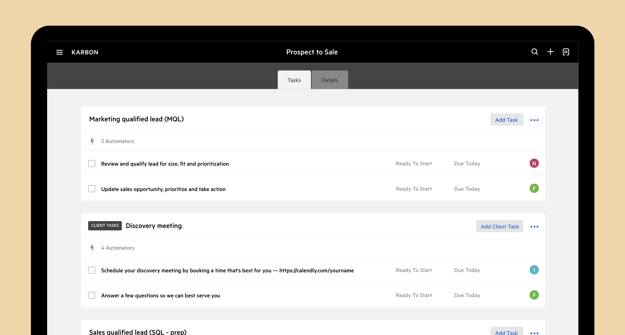 A screenshot of Karbon's 'Prospect to Sale' template, which outlines the steps to convert accounting leads into clients.