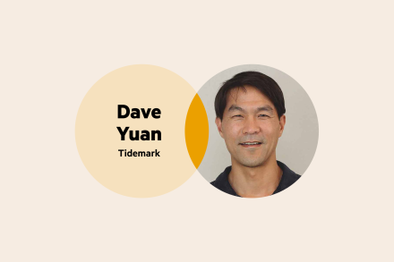 A Venn diagram. The left circle is pale yellow with the words 'Dave Yuan Tidemark', and the right circle is Dave's headshot. He has short dark hair and is wearing a dark polo shirt.