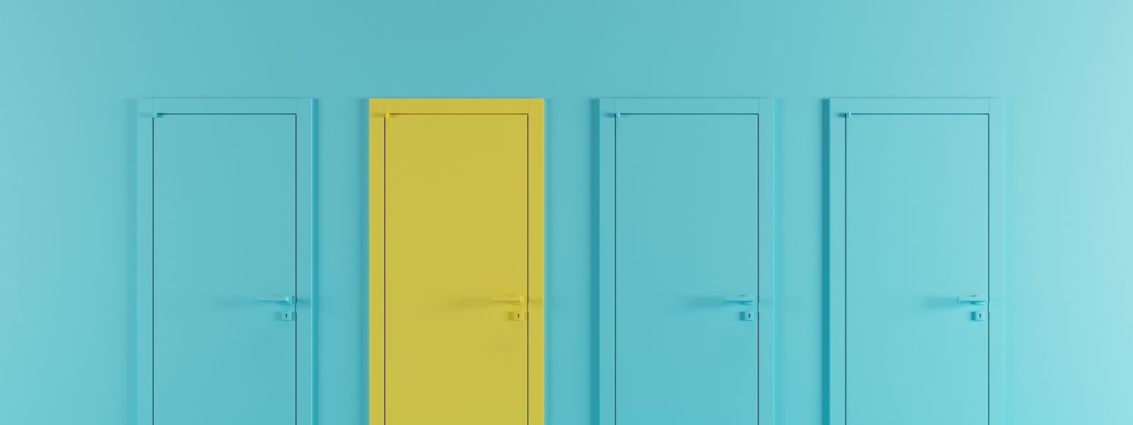 A light blue wall with four doors in a row, the first is the same colour blue, the second is bright yellow, and the third and fourth are blue again.