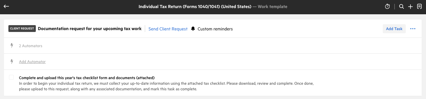 A screenshot of the Individual Tax Return (Forms 1040/1041) template from Karbon. The screenshot is highlighting the automatic client request function that can send clients automatic reminder emails to send tax docs to their accountant.
