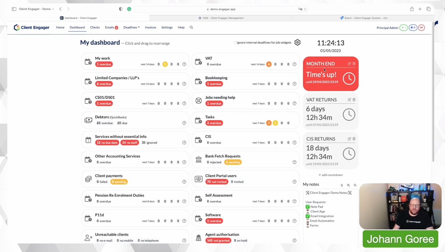 Client Engager's dashboard view showing all work including statuses, customised countdown timers and a notes section.