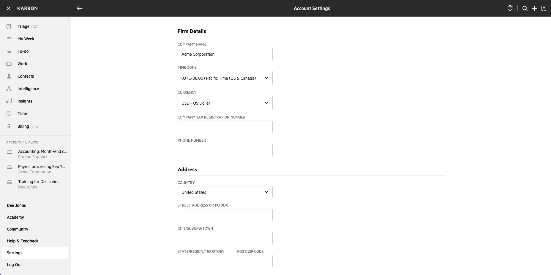 The Account Settings screen in Karbon, including new fields for your firm's company details, such as your firm's tax registration number, address and phone number.