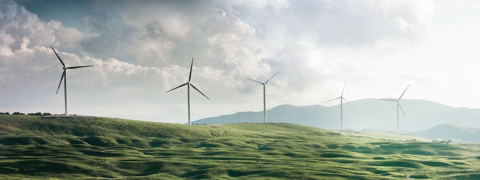 Green rolling hills with wind turbines.