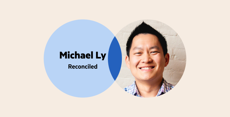 A Venn diagram: the left circle is pale blue with the words 'Michael Ly, Reconciled', and the right circle is Michael Ly's headshot.