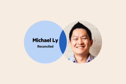 A Venn diagram: the left circle is pale blue with the words 'Michael Ly, Reconciled', and the right circle is Michael Ly's headshot.