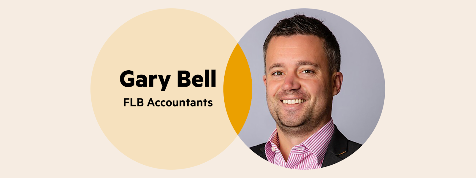 A Venn diagram. The left circle is pale yellow with the words 'Gary Bell FLB Accountants'. The right circle is Gary's head shot—he has short graying hair, and is wearing a pink checked shirt with a dark blazer. The point where the circles cross over is bright yellow.