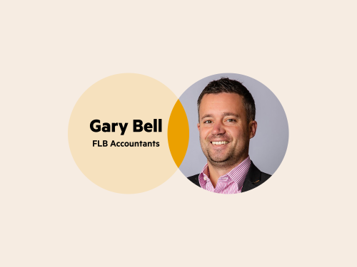 A Venn diagram. The left circle is pale yellow with the words 'Gary Bell FLB Accountants'. The right circle is Gary's head shot—he has short graying hair, and is wearing a pink checked shirt with a dark blazer. The point where the circles cross over is bright yellow.
