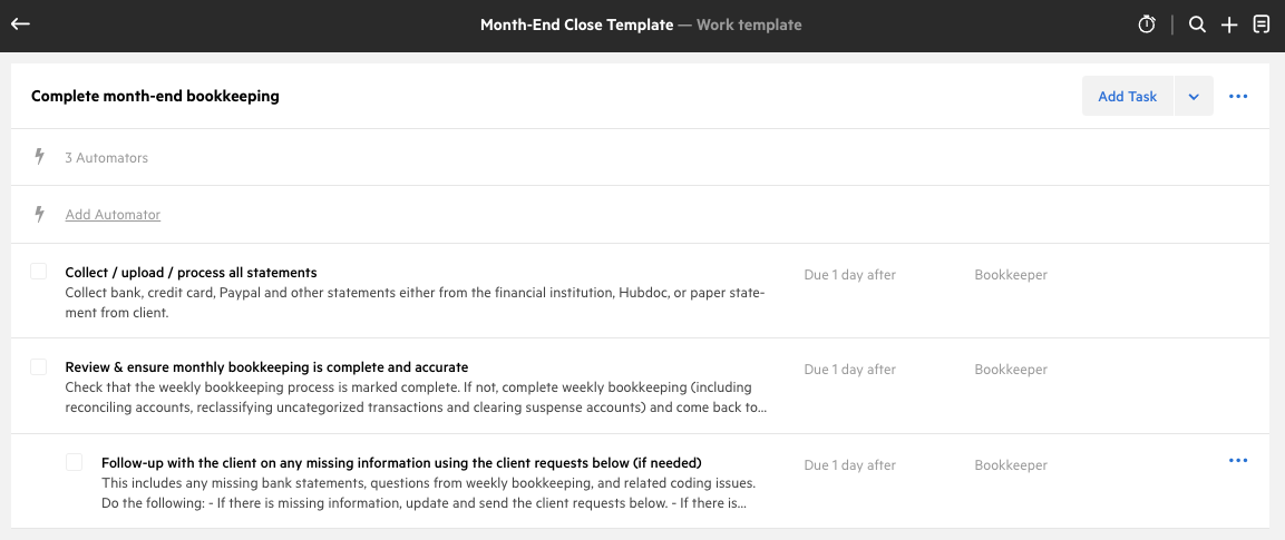 A screenshot of the Month-End Close template from the Karbon Template Library. Its a checklist of 3 steps that guide an accountant through the steps to complete the month-end bookkeeping.