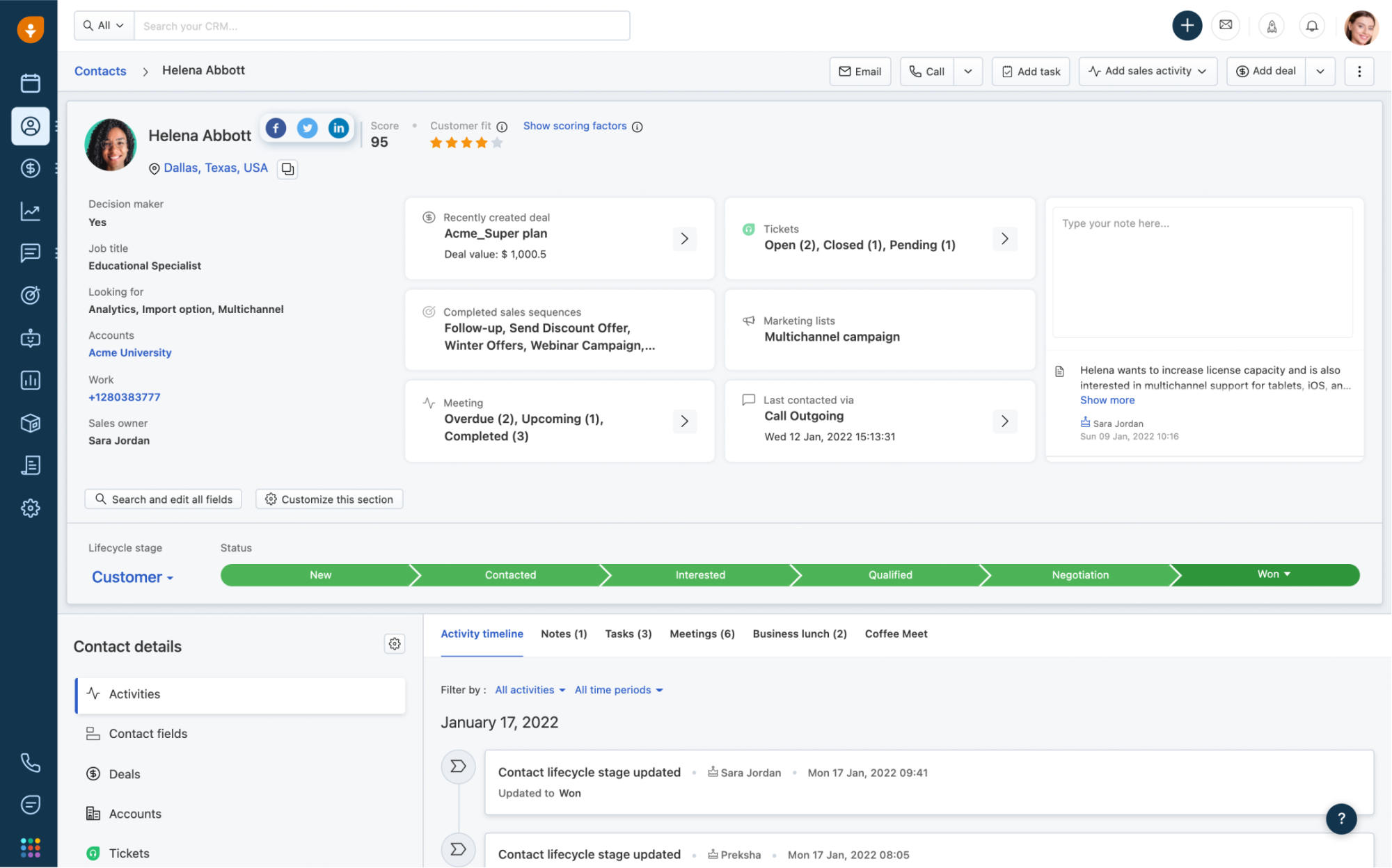 A screenshot of the client profile view in Freshsales CRM software.