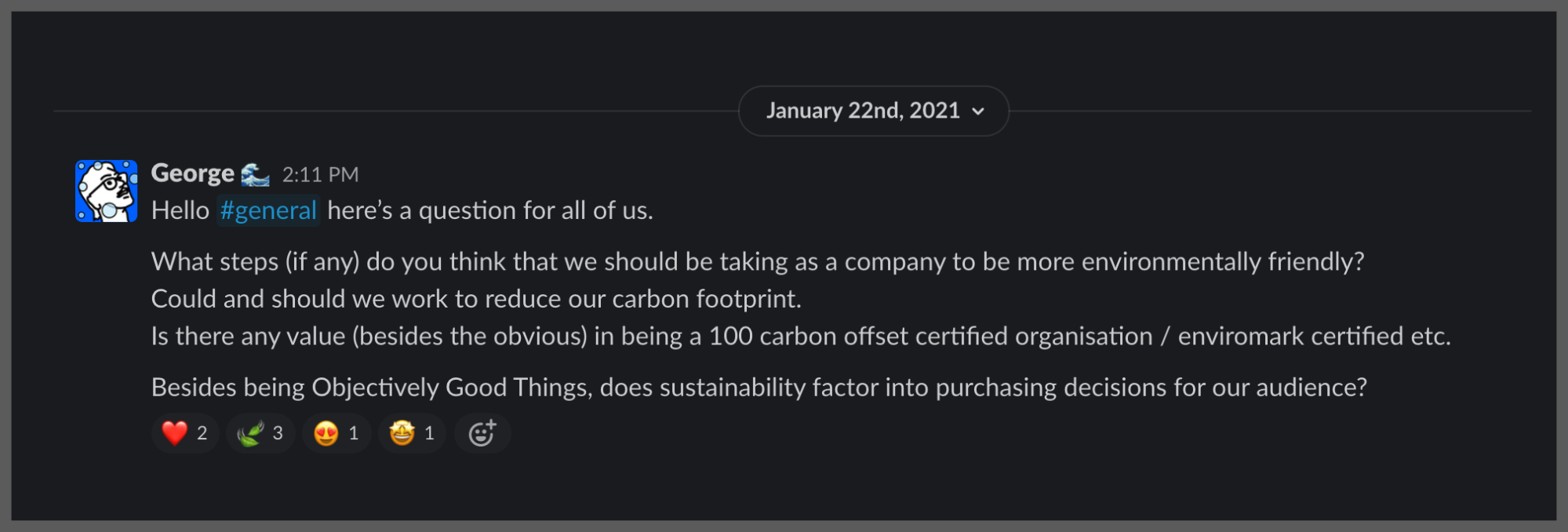 A screenshot of a Slack message from George that asks the Karbon team if they should consider reducing their carbon footprint.
