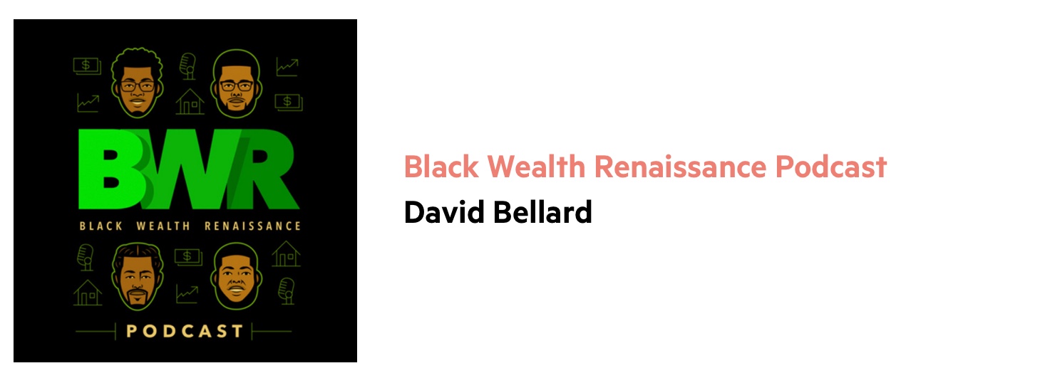 Accounting podcast logo with the words 'Black Wealth Renaissance Podcast' and cartoon faces of 4 black men and icons of a house, graph, cash and mic.