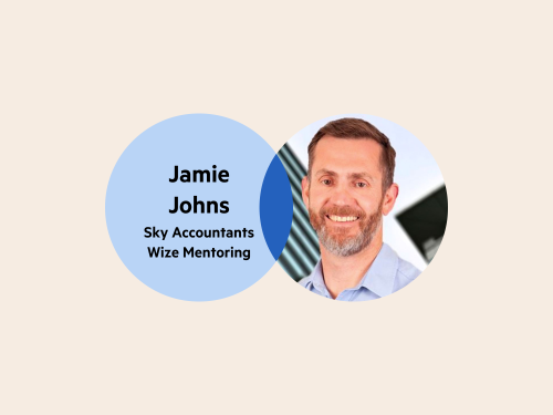 A Venn Diagram: the left circle is pale blue with the words 'Jamie Johns, Sky Accountants, Wize Mentoring', and the right circle is Jamie's headshot.