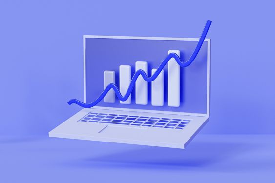 A 3D illustration of a rising bar graph on a laptop screen, symbolizing technological advancements in accounting firm growth strategies.