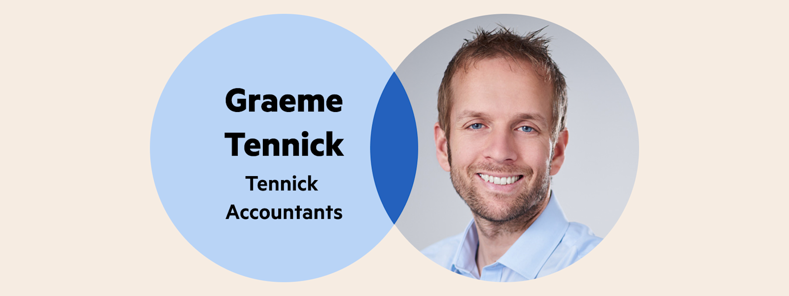 A Venn diagram. The left circle has the words 'Graeme Tennick, Tennick Accountants'. The right circle is Graeme's headshot—he has light, short hair, a short beard and is wearing a light blue collared shirt.