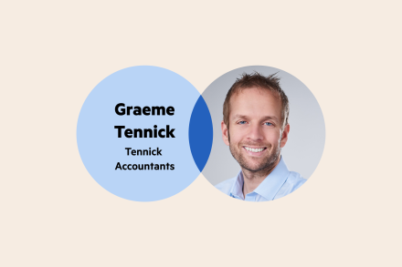A Venn diagram. The left circle has the words 'Graeme Tennick, Tennick Accountants'. The right circle is Graeme's headshot—he has light, short hair, a short beard and is wearing a light blue collared shirt.