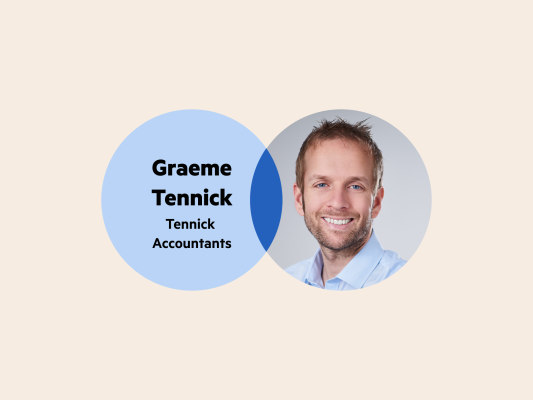 A Venn diagram. The left circle has the words 'Graeme Tennick, Tennick Accountants'. The right circle is Graeme's headshot—he has light, short hair, a short beard and is wearing a light blue collared shirt.