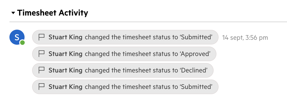 A screenshot of the Timesheet Activity log in action, with a record of Stuart King's updates to a timesheet as an example, moving it from Submitted to Approved to Declined to Submitted.