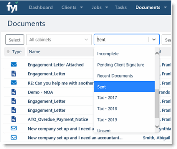 A documents view in FYI