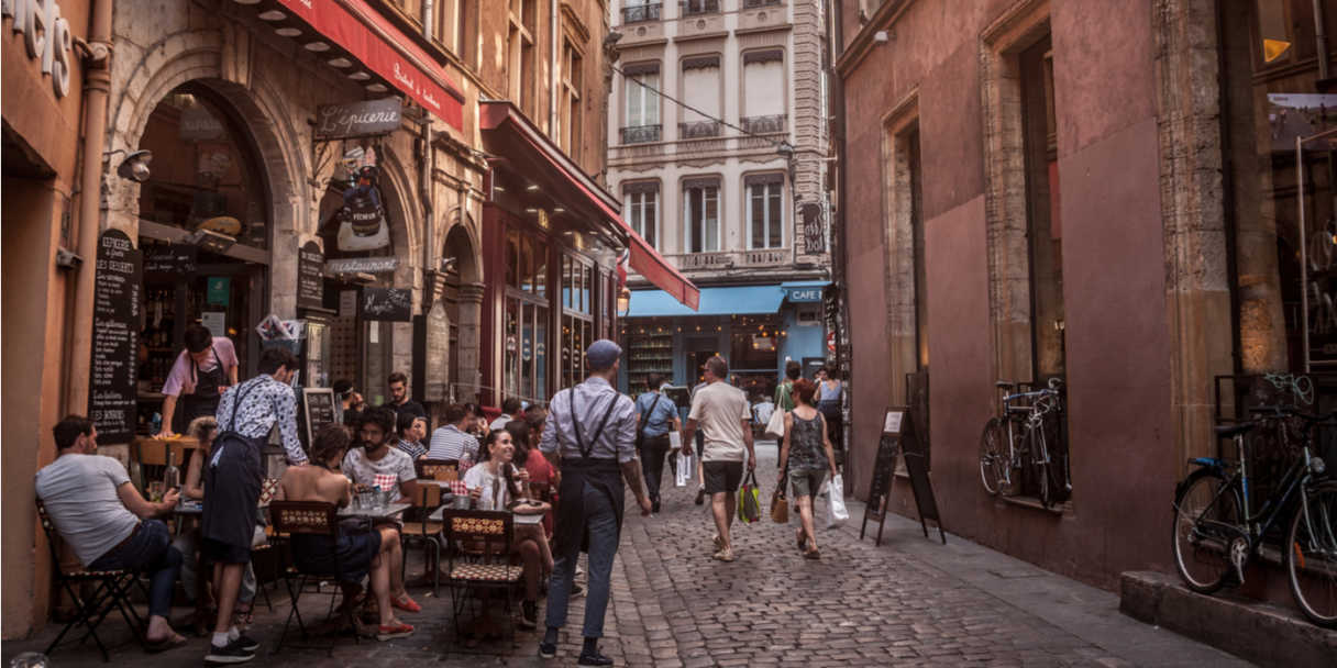 Charming alley full of French restaurants and outdoor seating 