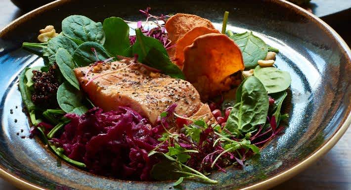 Super salad of salmon, red sauerkraut, fermented sweet potatoes and more from Ardiciocca in London