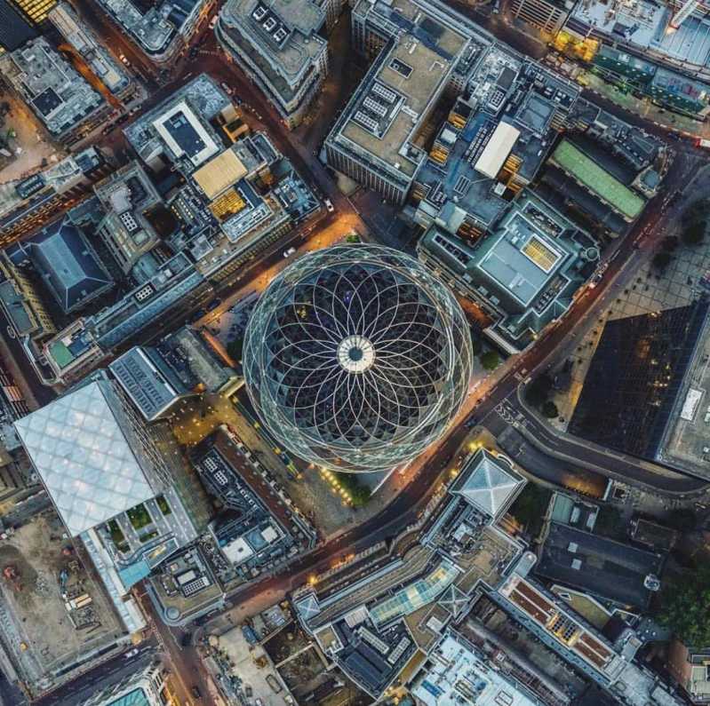 Birdseye view of Searcys at the Gherkin in London best known for its rooftop dining experience 