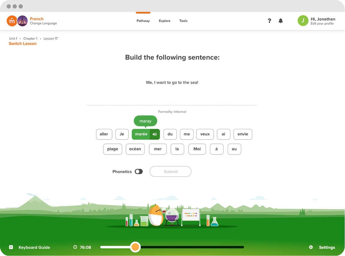 Screenshot of building French sentences with Mango Languages 'Placement test'.