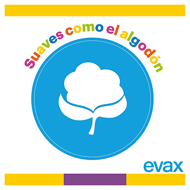 Encima del gráficos de algodón hay un texto: Suaves como el algodón. A continuación se puede ver la firma: evax.