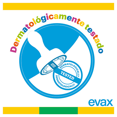 Un símbolo de sello con un texto encima: Dermatológicamente testado. En la esquina inferior figura la palabra: evax.