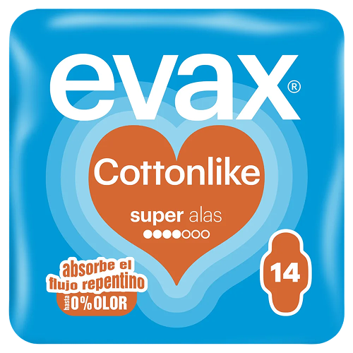 Un paquete azul de compresas Evax Cottonlike Super Alas, con un corazón rojo y un texto: 100% limpia.