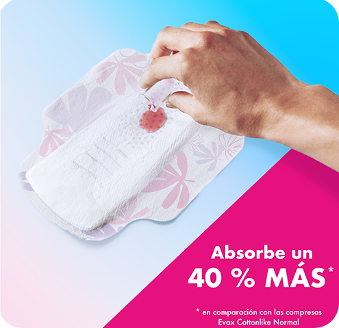 Líquido vertido en una compresa que absorbe un 40 % más que las compresas Evax Cottonlike Normal.