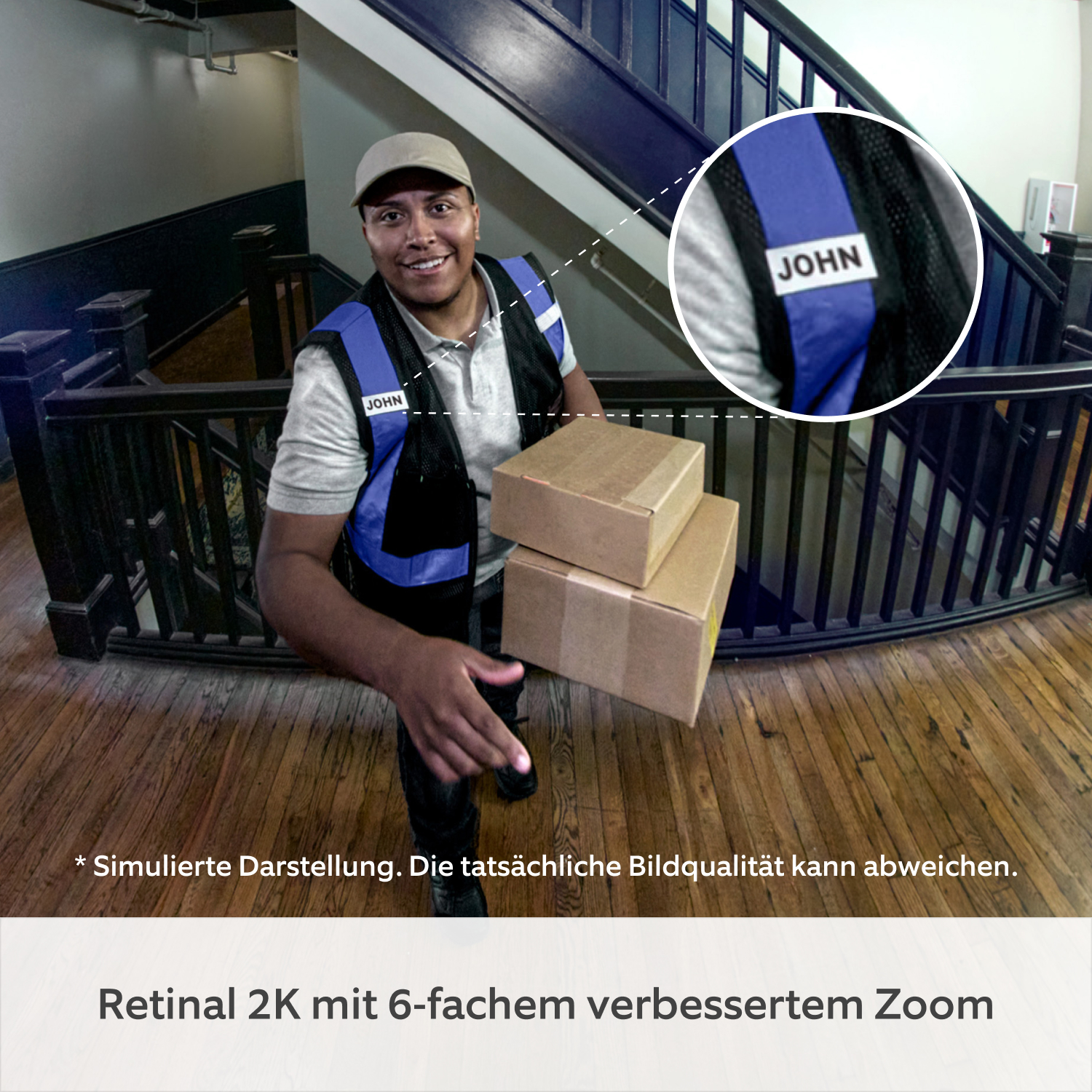 Peephole Camera 2K (60-90 mm) - Kameraansicht eines Paketboten mit Paketen in der Hand. Eine Nahaufnahme seines Namensschilds demonstriert die Zoom-Fähigkeiten der Kamera.