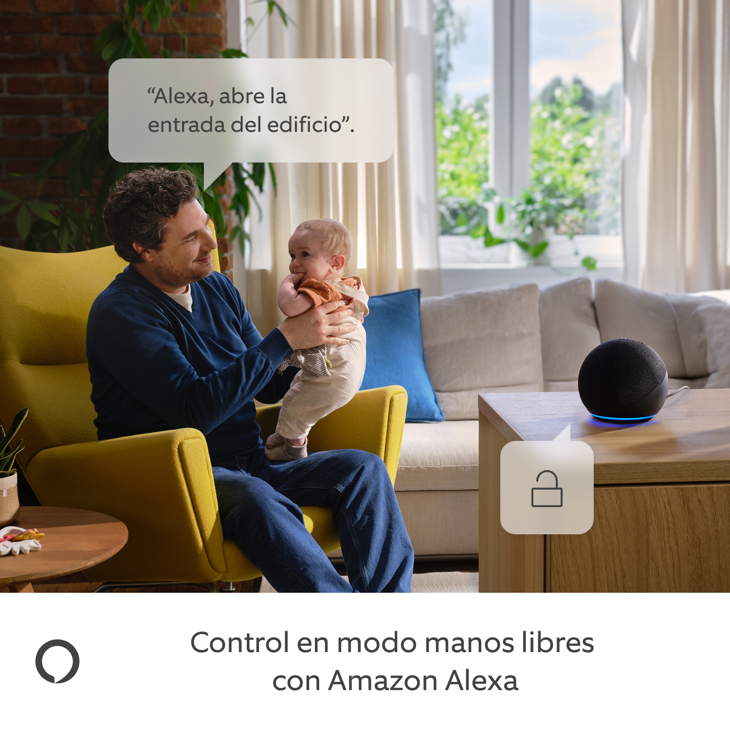 Mirilla Digital Ring 34-55mm + Ring Intercom Audio (Door View Cam + Ring Intercom Audio) - Un padre con su hijo en brazos hablando con Alexa.