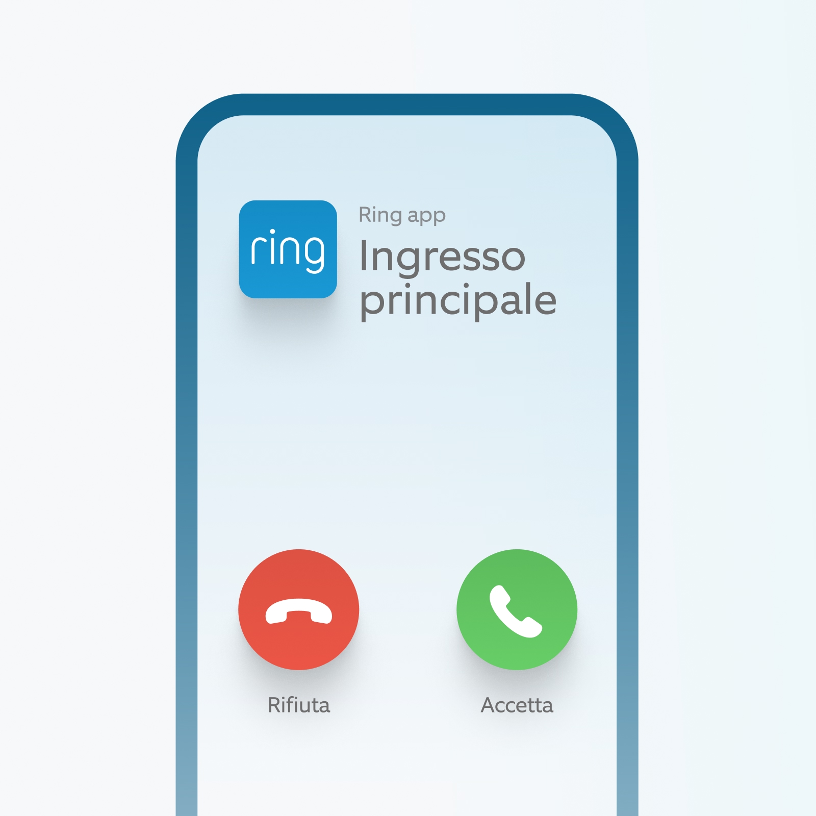 Schermata dell'app Ring che mostra una chiamata dal campanello con opzioni per accettare o rifiutare.