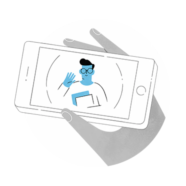 Illustration of a person waving on a smartphone screen, representing live video chat via Ring Video Doorbell.